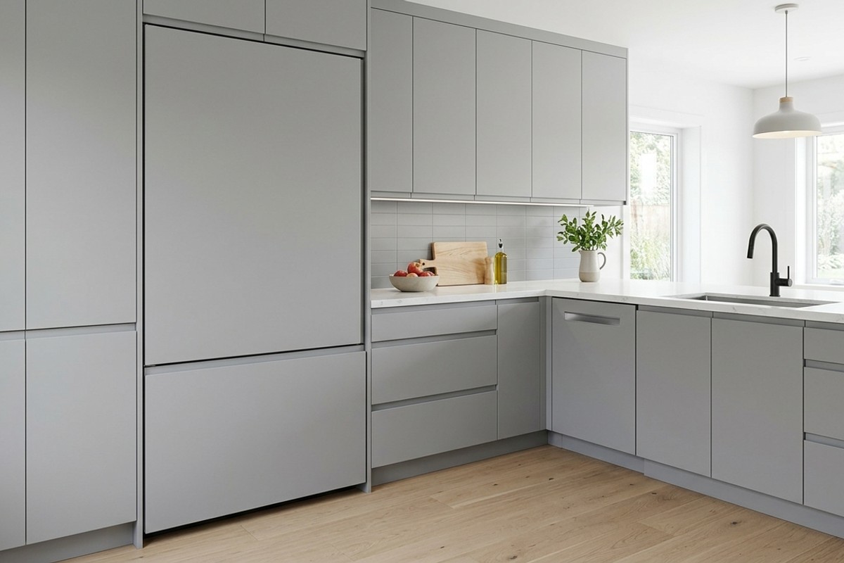 Modern kitchen with seamless panel-ready refrigerator and dishwasher integrated into cabinetry