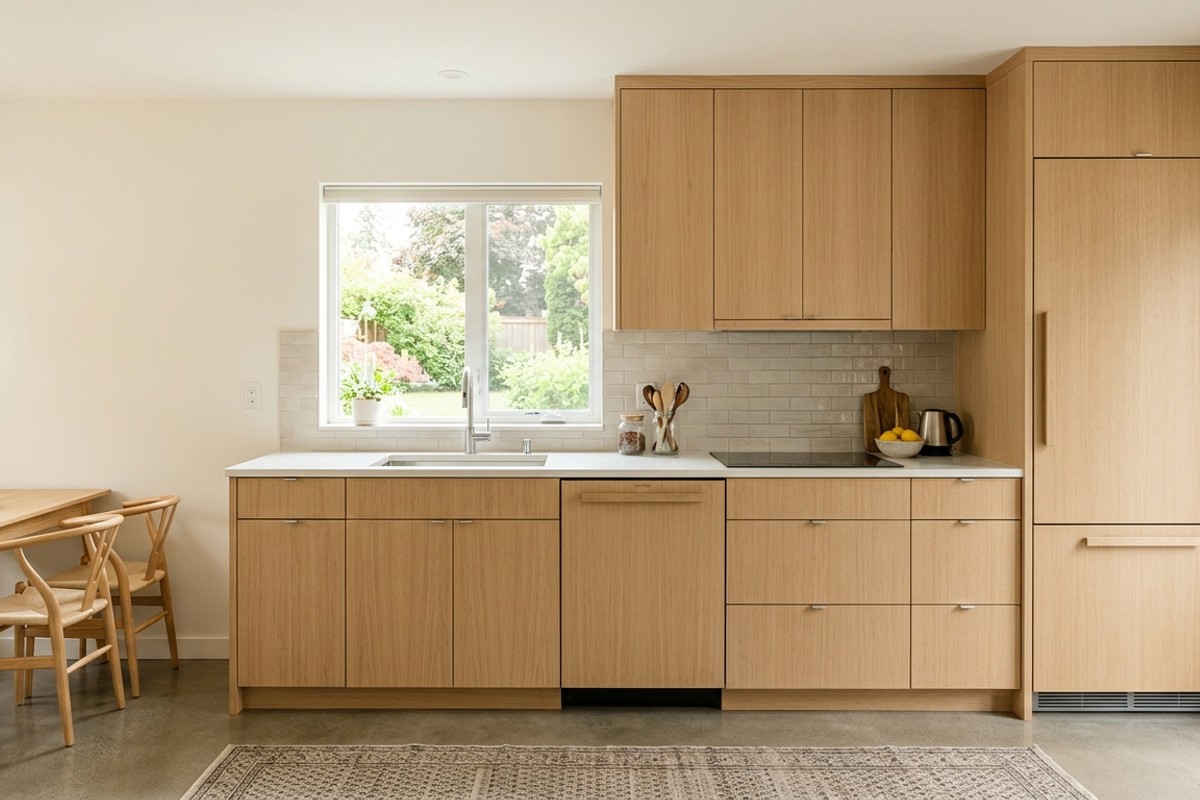 Small kitchen featuring integrated, panel-ready appliances seamlessly blending with cabinetry.
