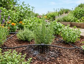 Drip irrigation system efficiently watering plant roots in a low-maintenance garden.