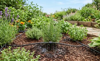 Drip irrigation system efficiently watering plant roots in a low-maintenance garden.