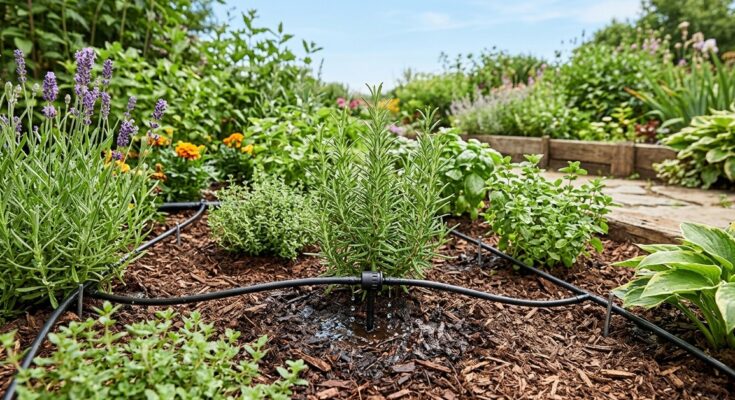 Drip irrigation system efficiently watering plant roots in a low-maintenance garden.