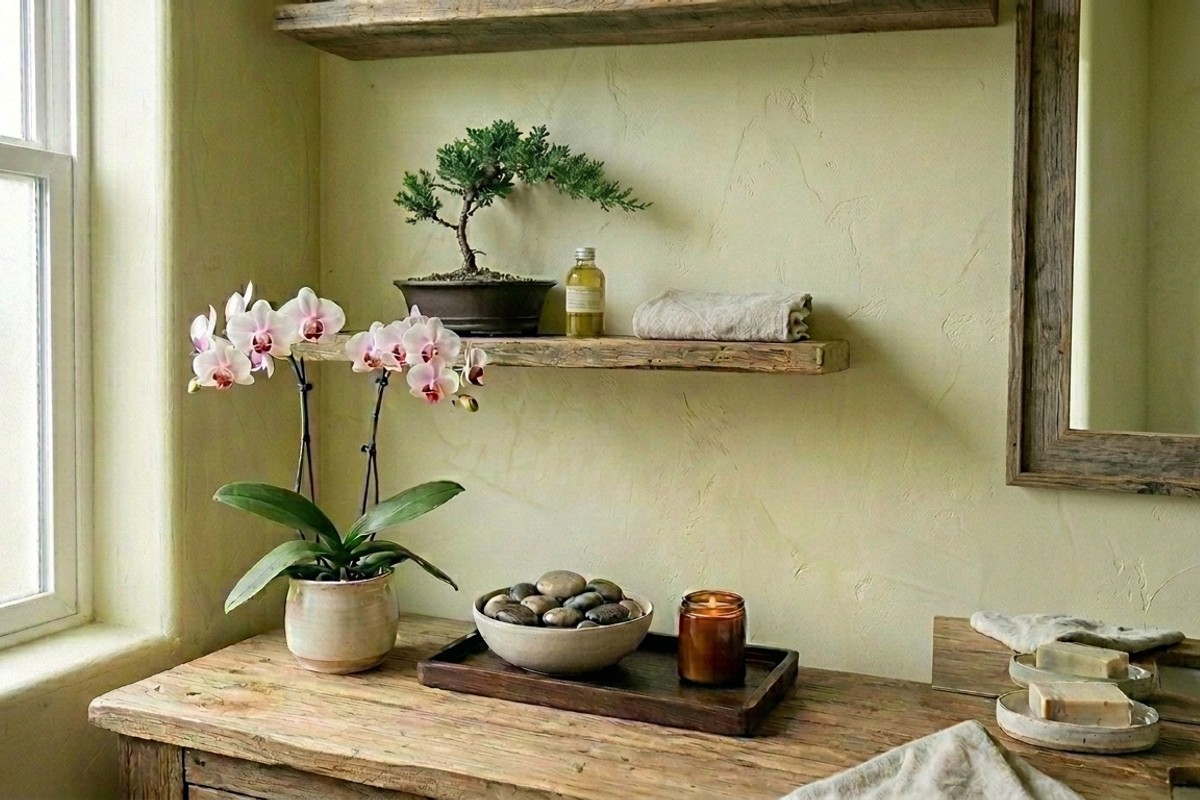 Spa-like bathroom with natural elements, including a potted orchid, fern, and eucalyptus branch.