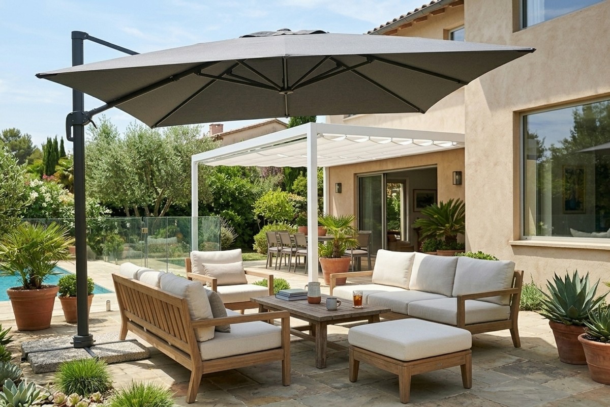 Patio with a flexible shade structure, including a large cantilever umbrella and a retractable pergola providing comfort
