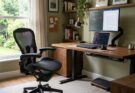 Ergonomic home office featuring a comfortable, supportive chair and a desk at the correct height for good posture and reduced strain.