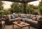 Comfortable outdoor sectional sofa made of all-weather wicker with plush Sunbrella cushions, designed for relaxation in a serene backyard.