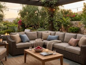 Comfortable outdoor sectional sofa made of all-weather wicker with plush Sunbrella cushions, designed for relaxation in a serene backyard.