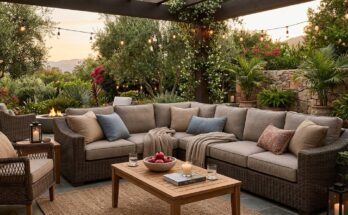 Comfortable outdoor sectional sofa made of all-weather wicker with plush Sunbrella cushions, designed for relaxation in a serene backyard.