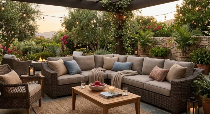 Comfortable outdoor sectional sofa made of all-weather wicker with plush Sunbrella cushions, designed for relaxation in a serene backyard.