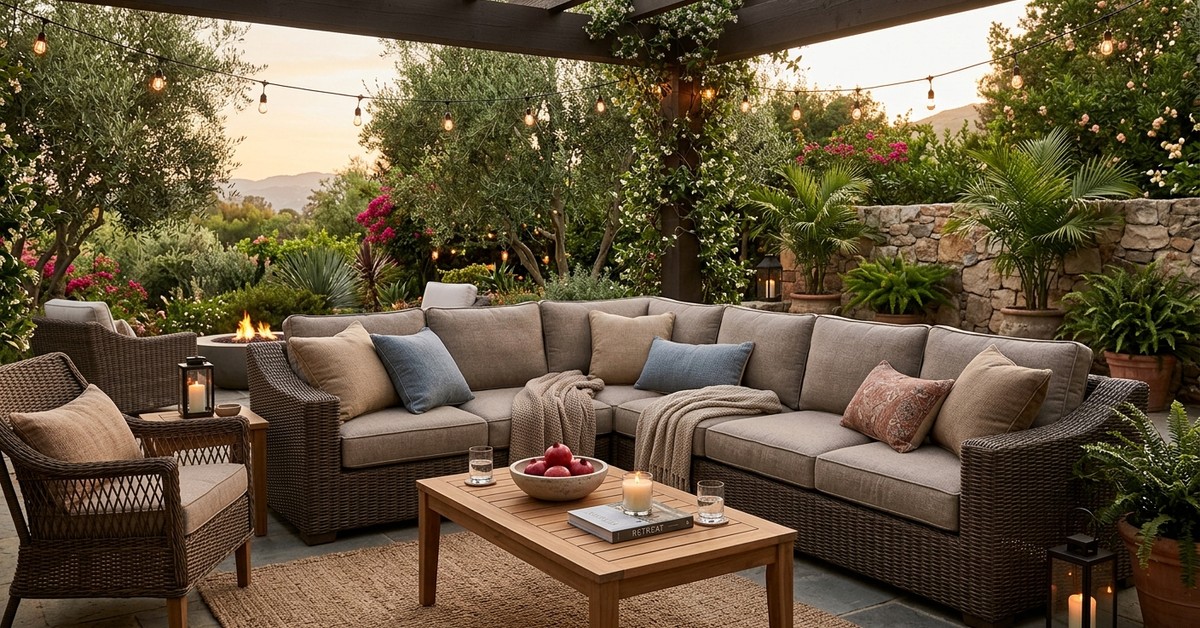 Comfortable outdoor sectional sofa made of all-weather wicker with plush Sunbrella cushions, designed for relaxation in a serene backyard.