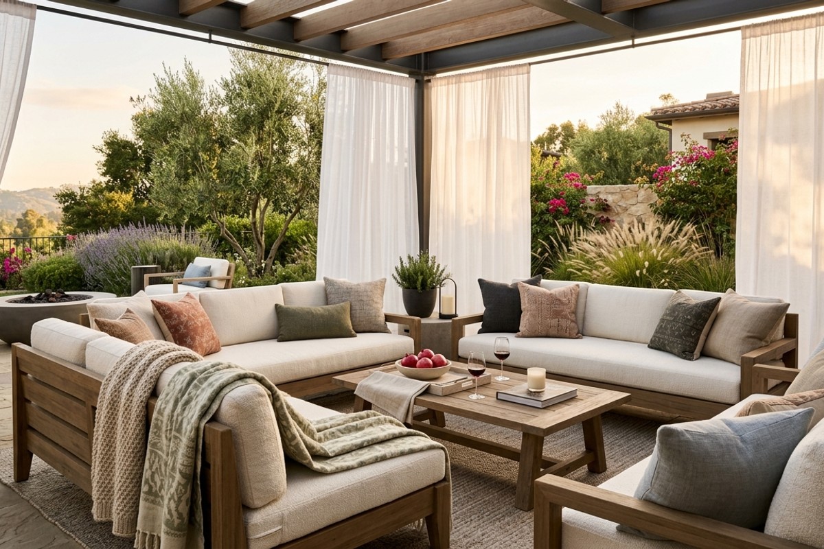 Patio seating enhanced with weather-resistant throws, decorative pillows, and outdoor curtains.