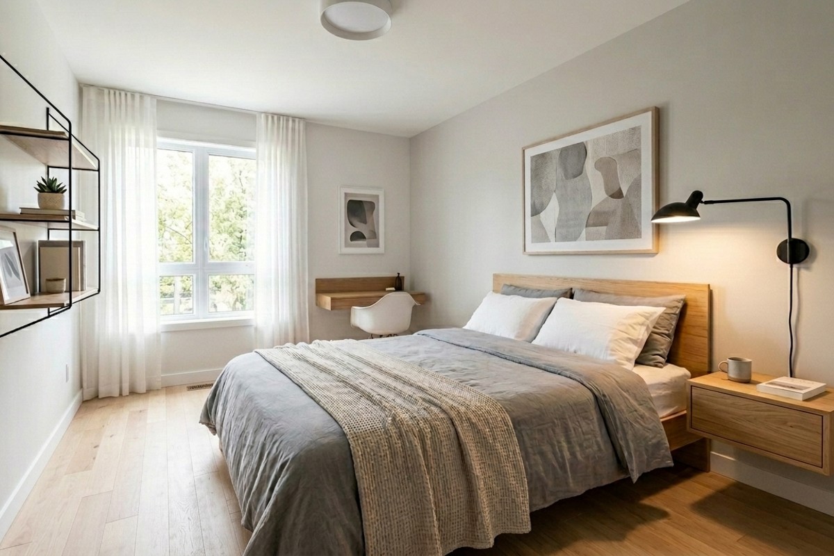 Wall-mounted nightstand and lamp in a small bedroom keeping floor space clear.