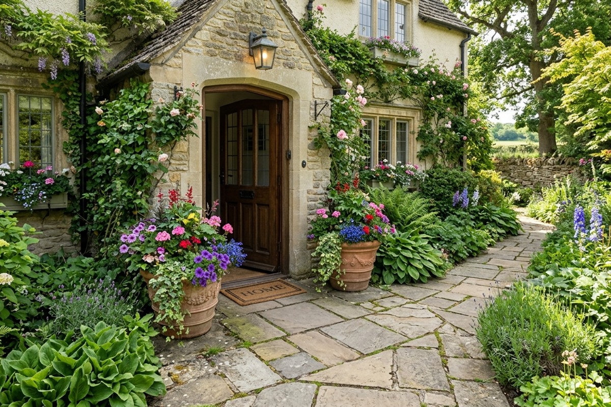 Home entryway with decorative planters filled with colorful seasonal blooms and a natural stone paver pathway.