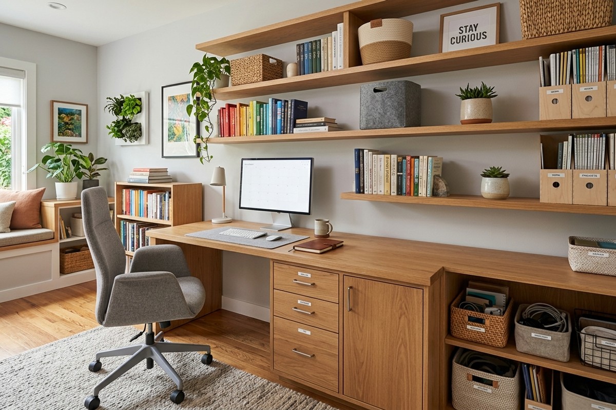 A well-organized home office with wall-mounted shelves, integrated drawers, and decorative storage bins.
