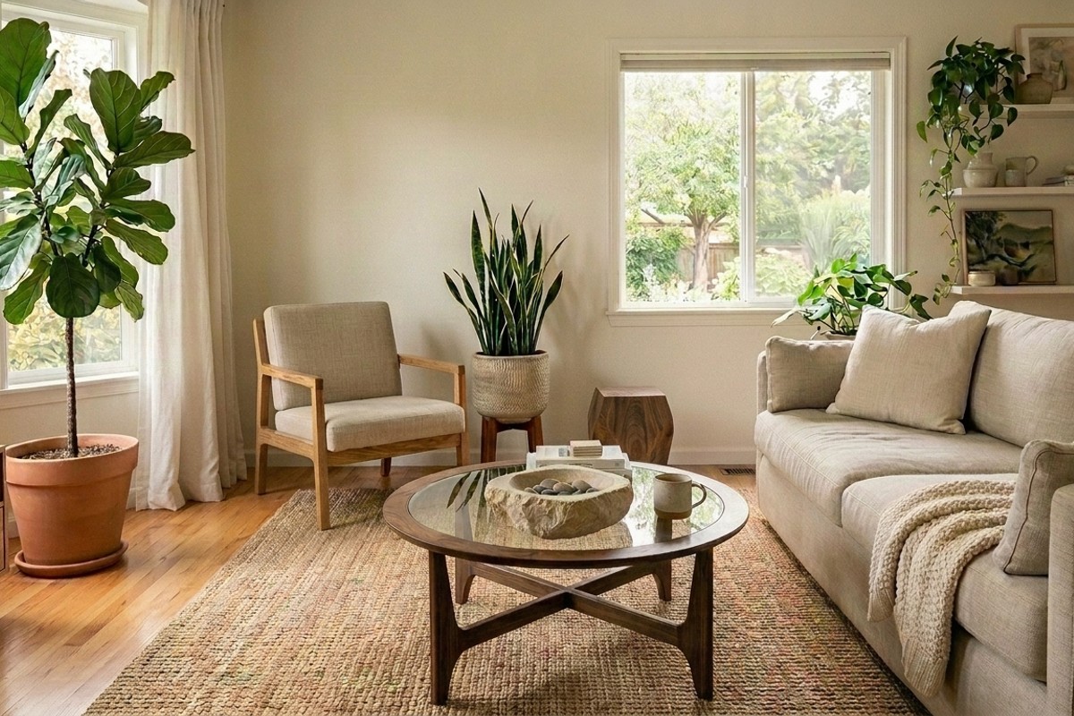 Living room incorporating natural elements such as lush snake plants, fiddle-leaf figs, wooden accents, and woven jute rugs.