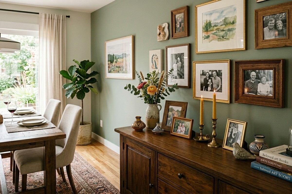Dining room with curated personal decor: family photos, meaningful artwork, and cherished objects on a console.