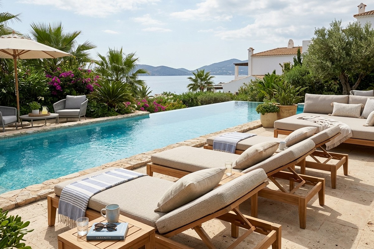 Plush, weather-resistant loungers and daybeds around a pool