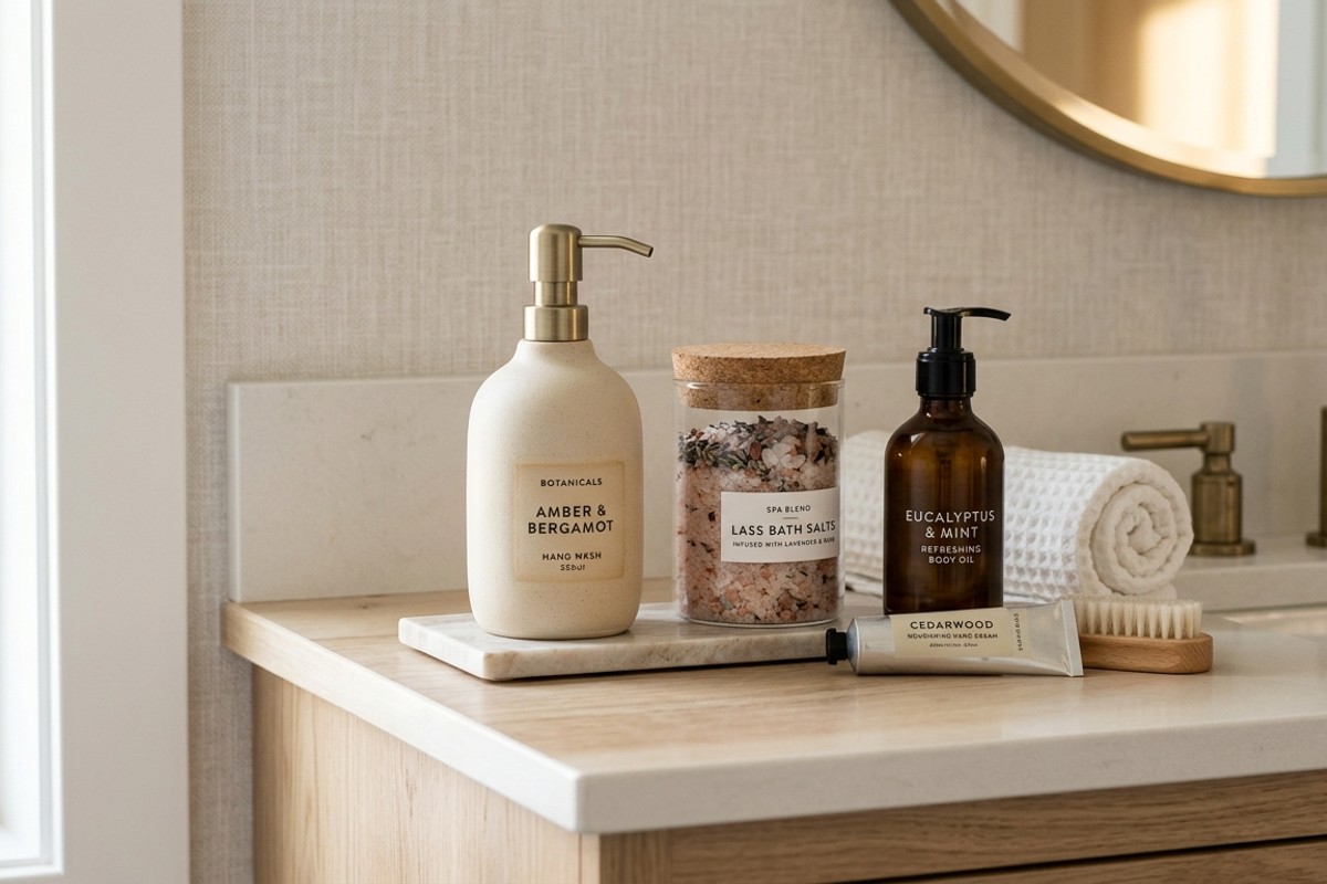 Curated spa-like bathroom details: elegant soap dispenser, bath salts, and luxury toiletries.