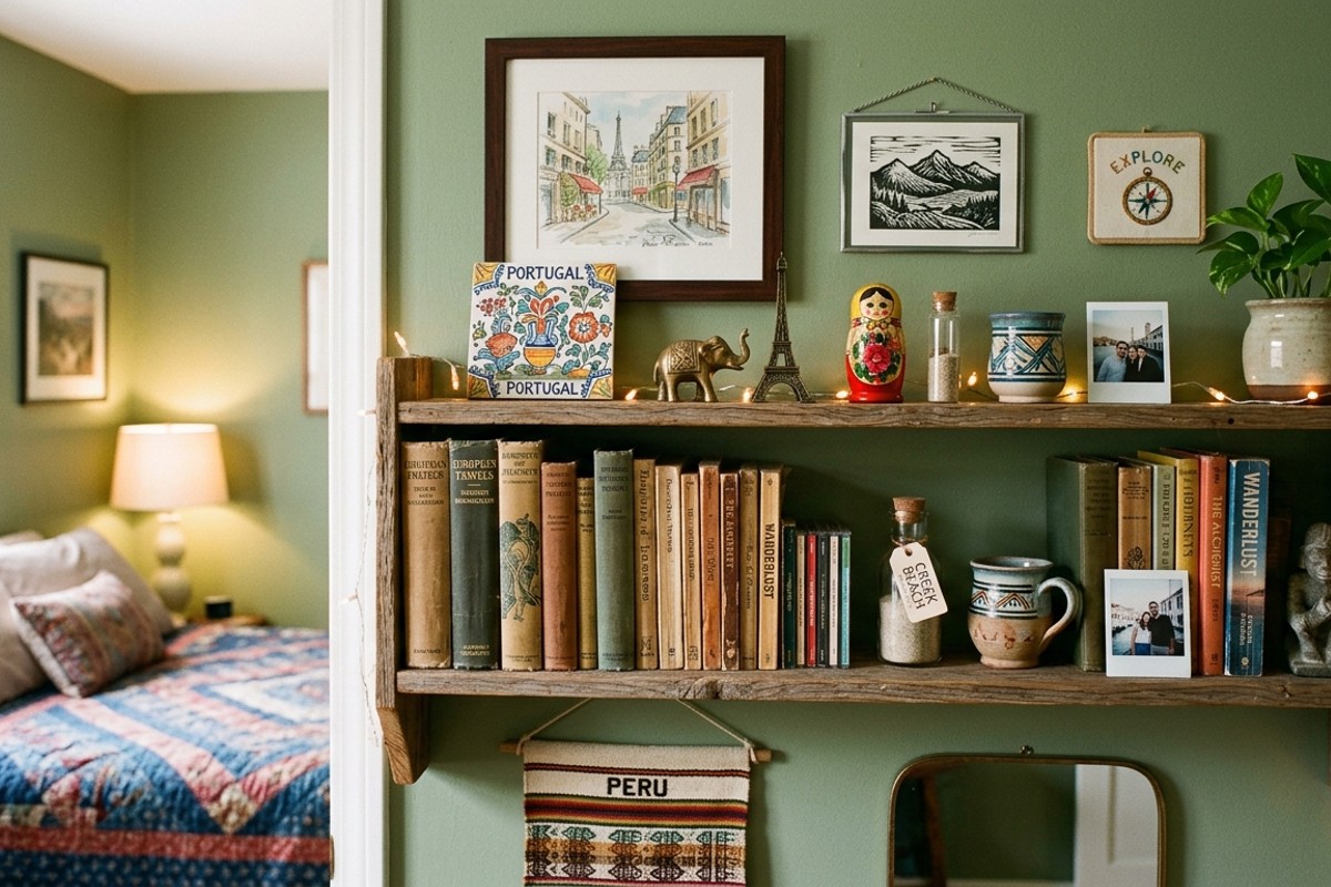 Bedroom shelf displaying a curated collection of travel souvenirs, vintage books, and small art.