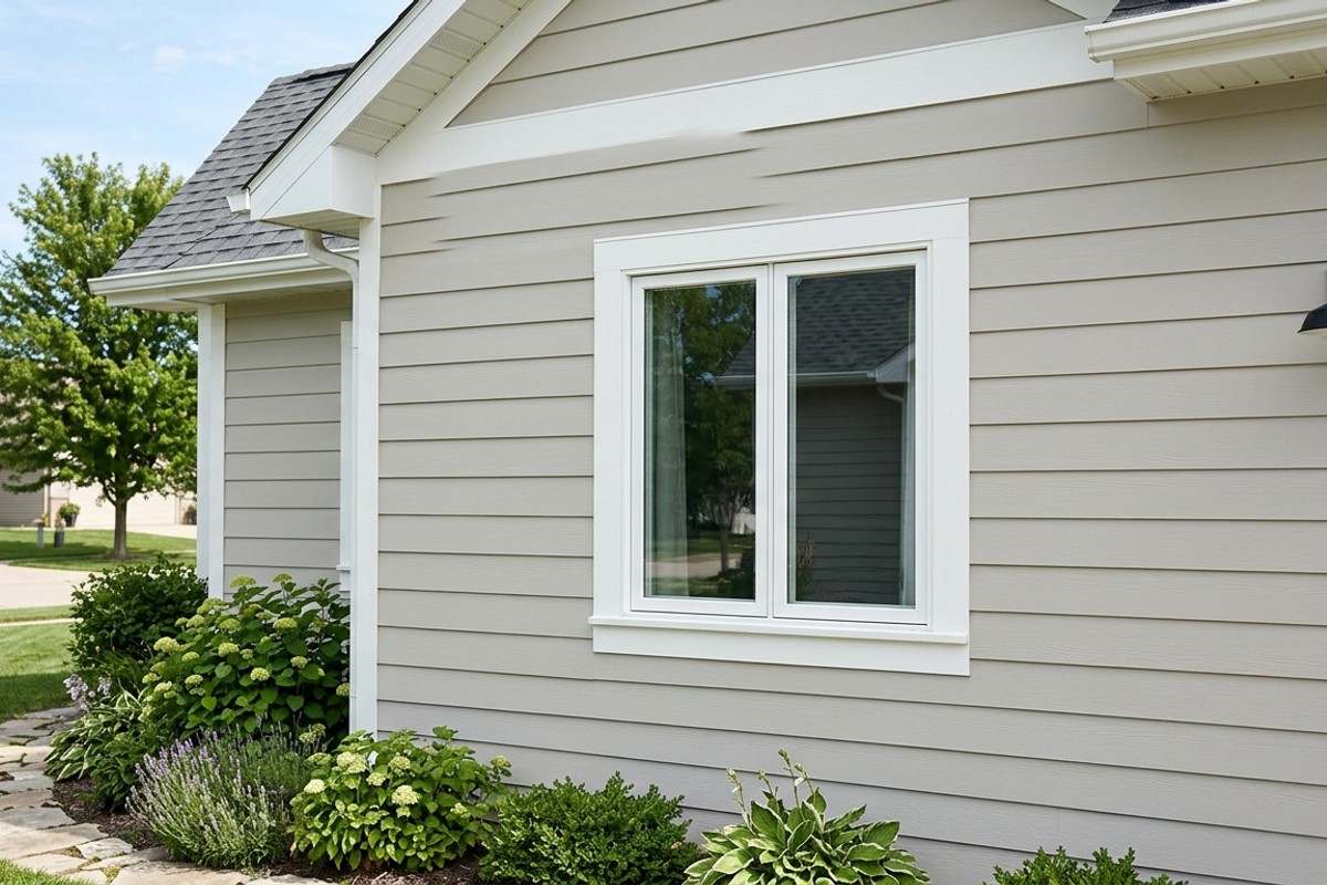 Home exterior with freshly painted soft greige siding and crisp white window trim.