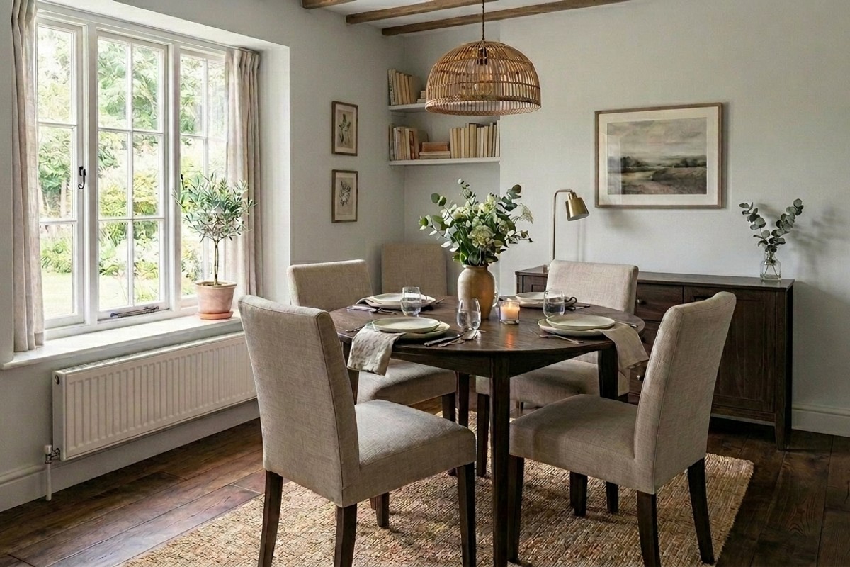 Small dining room with walls painted in a light pale gray, creating an open and airy atmosphere.