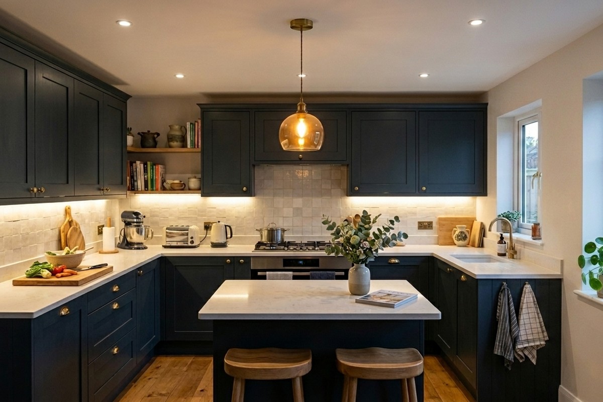 Small kitchen illuminated with layered lighting, featuring under-cabinet lights, recessed can lights, and a modern pendant fixture.