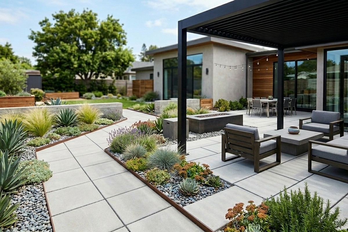 Garden showcasing hardscaping with a stone paver patio, gravel pathway, and minimal planting, reducing maintenance and defining outdoor zones.