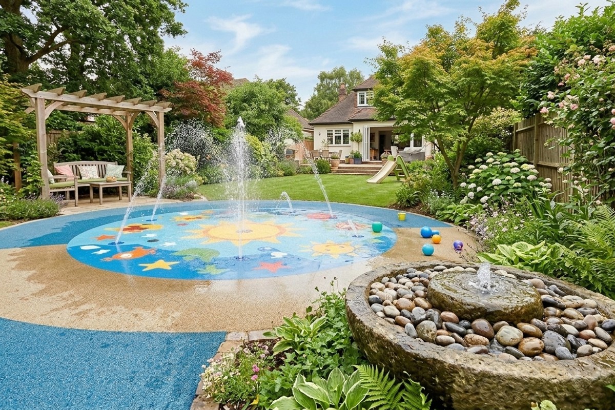 Child-safe shallow splash pad with gentle jets and a small pebble fountain in a backyard.