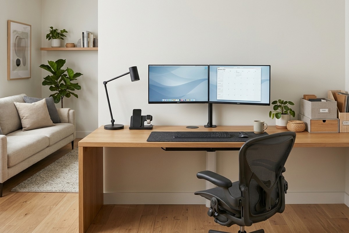 Tidy home office desk with hidden cables using ties and grommets, and decorative storage boxes for a seamless look.