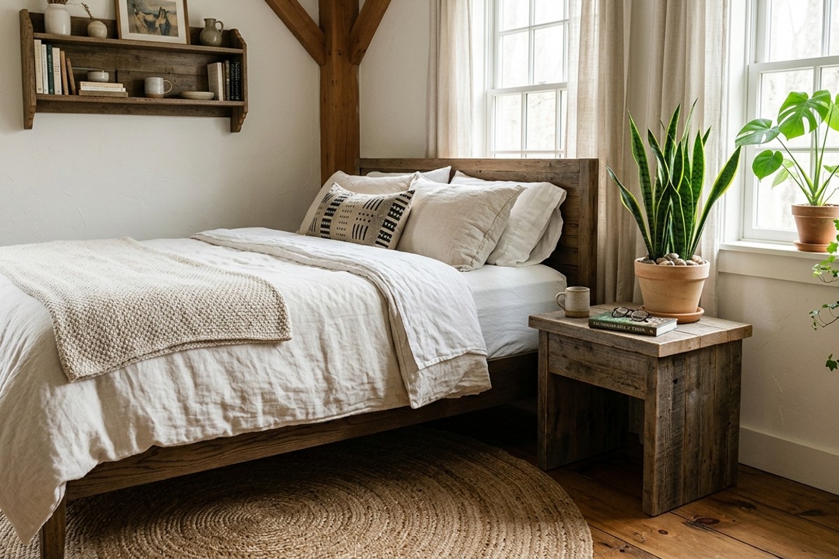 Bedroom with snake plant on a reclaimed wood nightstand and a woven jute rug, showcasing natural elements.
