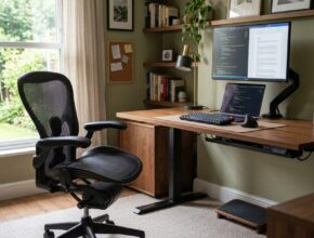 Ergonomic home office featuring a comfortable, supportive chair and a desk at the correct height for good posture and reduced strain.