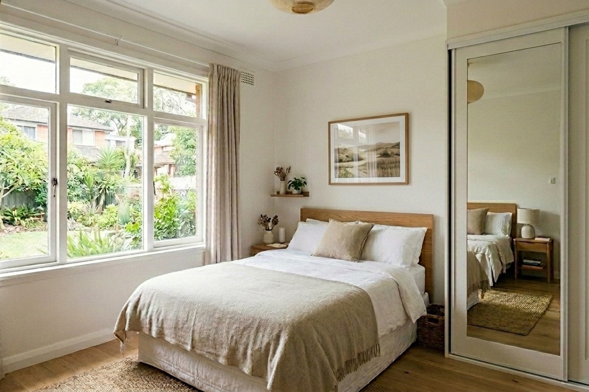 Large mirror opposite a window or on a closet door to make a small bedroom feel larger