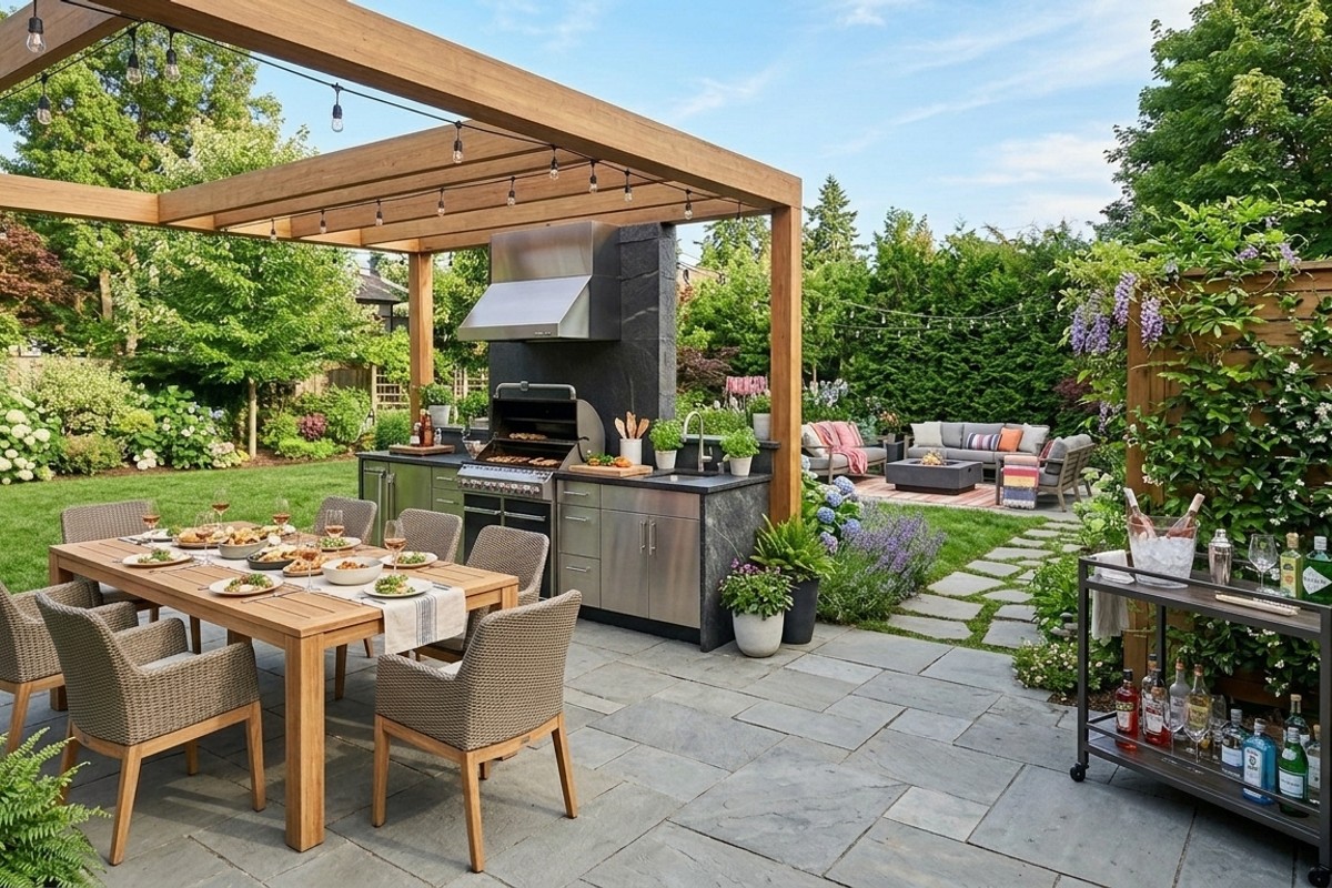 Dedicated outdoor dining area with a modern dining set, outdoor kitchen with BBQ, and a portable bar cart.