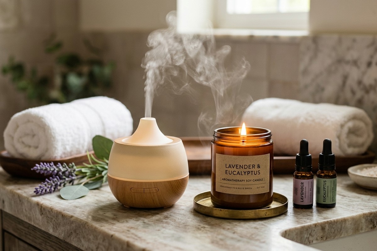 Bathroom close-up showing an essential oil diffuser and a lit scented candle, creating a soothing aroma.