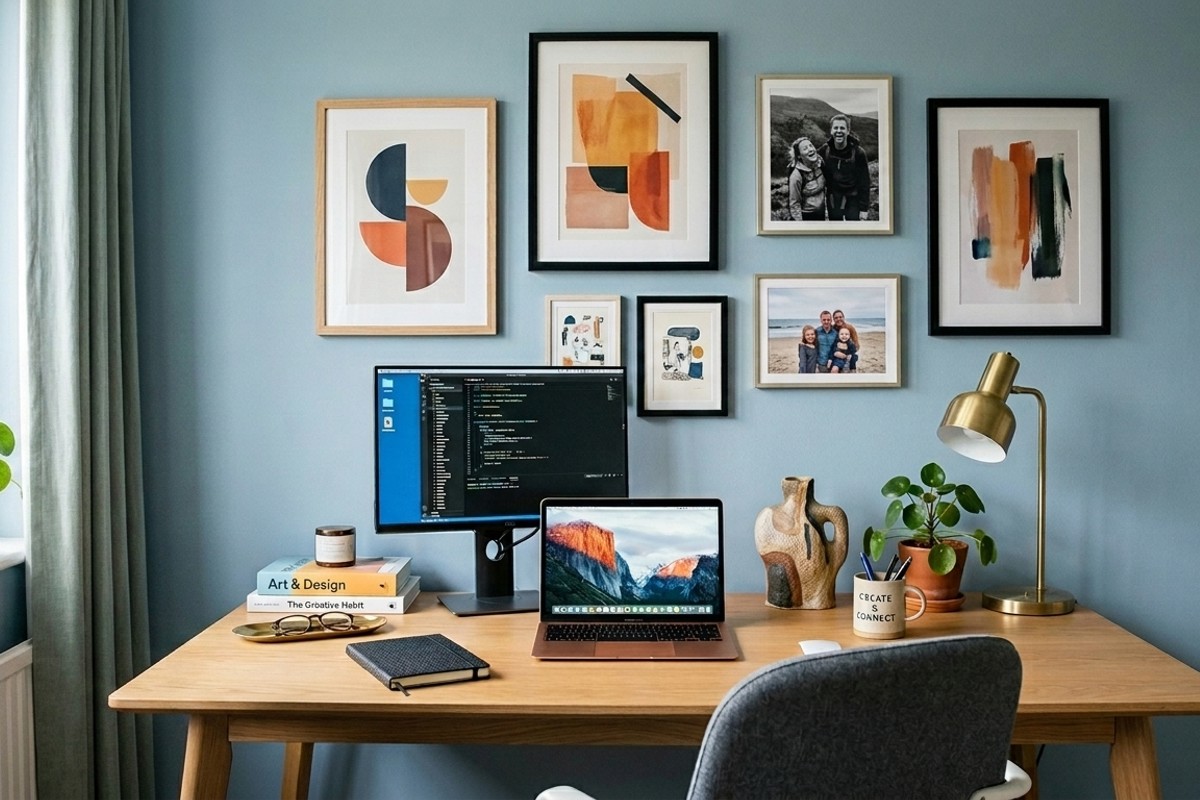 Home office desk with personal style, including framed photos and unique artwork.