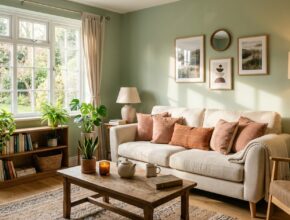 Living room with warm decor colors, featuring sage green walls and cream sofa.
