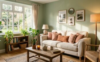 Living room with warm decor colors, featuring sage green walls and cream sofa.