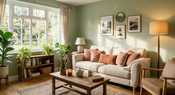 Living room with warm decor colors, featuring sage green walls and cream sofa.