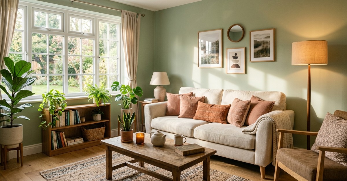 Living room with warm decor colors, featuring sage green walls and cream sofa.