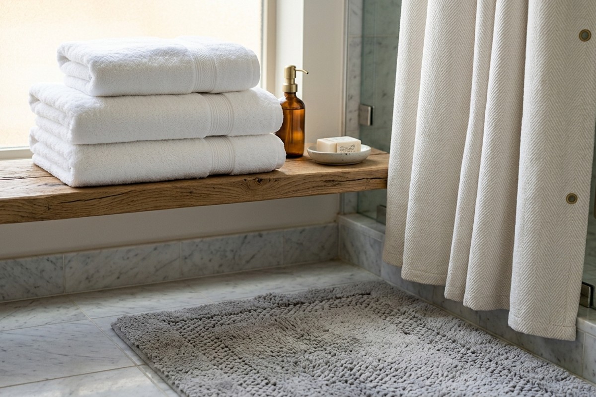 Plush white towels, a grey bathmat, and an elegant shower curtain in a luxurious bathroom.