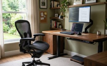 Ergonomic home office featuring a comfortable, supportive chair and a desk at the correct height for good posture and reduced strain.