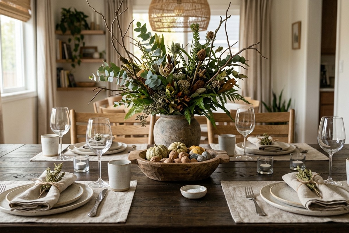Dining table adorned with natural elements: a lush plant, wooden bowl, and linen napkins.