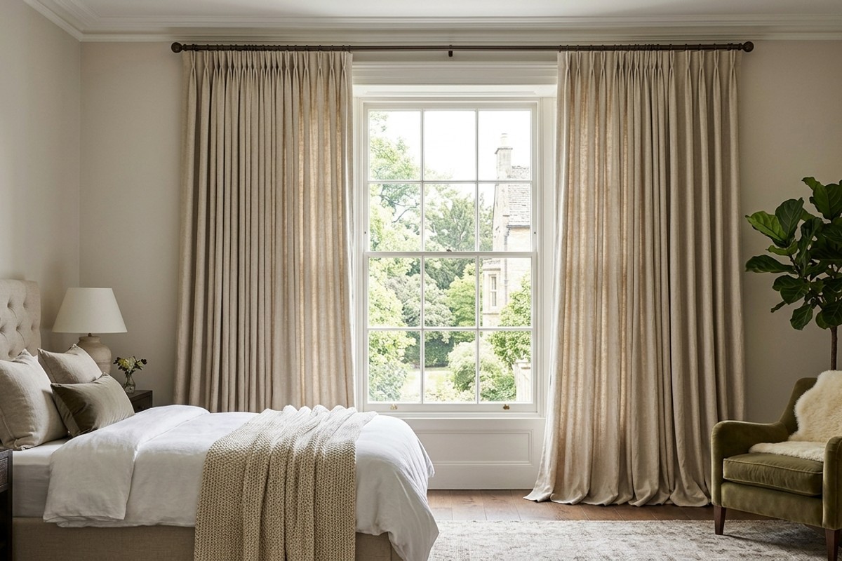 Luxurious bedroom window with high, wide, floor-to-ceiling linen drapes skimming the floor for added grandeur.