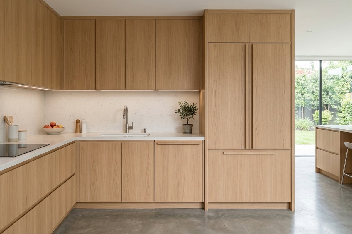 Sleek kitchen design with panel-ready integrated refrigerator and dishwasher behind custom cabinetry.