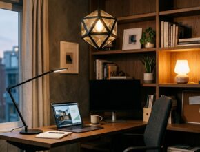 Layered lighting in a home office with a pendant light, adjustable desk lamp, and a small accent table lamp.