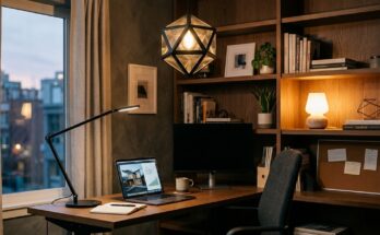 Layered lighting in a home office with a pendant light, adjustable desk lamp, and a small accent table lamp.