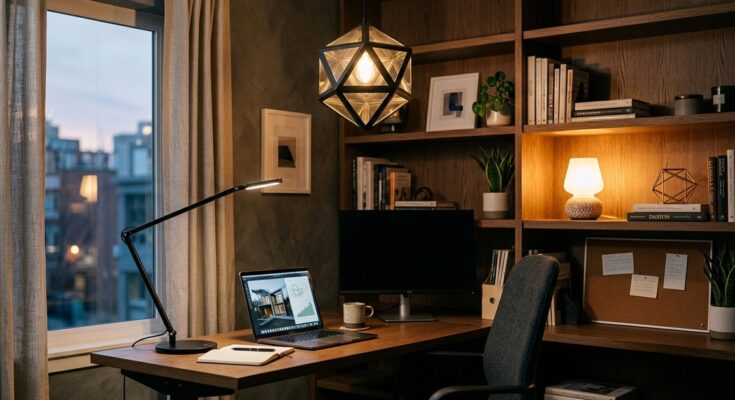 Layered lighting in a home office with a pendant light, adjustable desk lamp, and a small accent table lamp.
