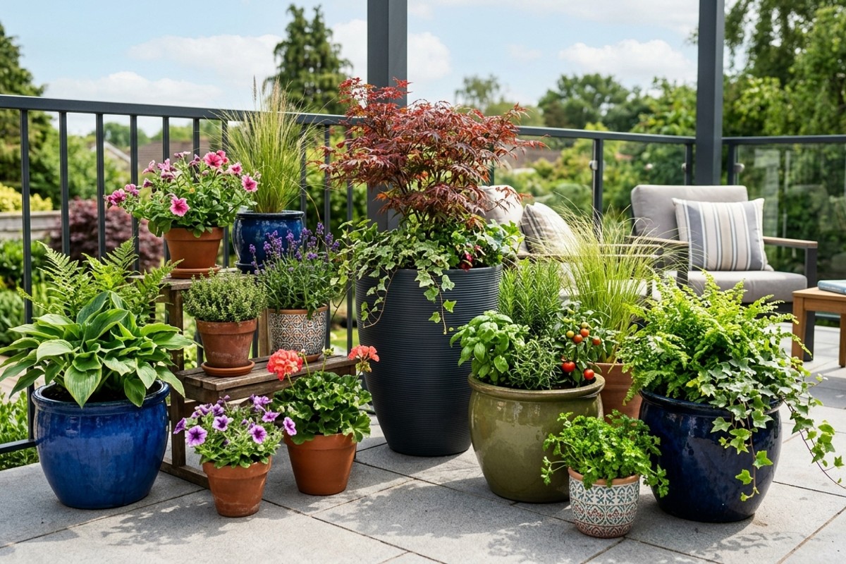 Container gardening setup with plants in glazed ceramic and lightweight resin pots on a patio.
