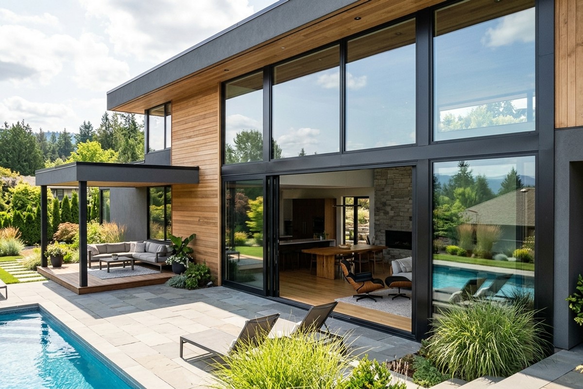 Modern home exterior with expansive windows, thin dark frames, and a large sliding glass door.