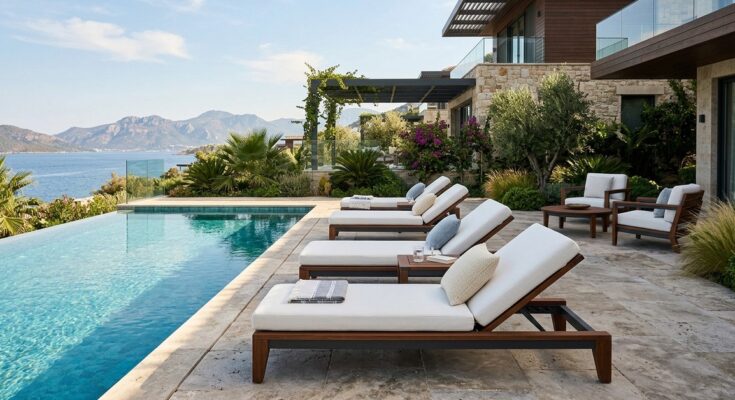 Premium poolside furniture made from teak and powder-coated aluminum with plush, quick-drying cushions for a resort feel.