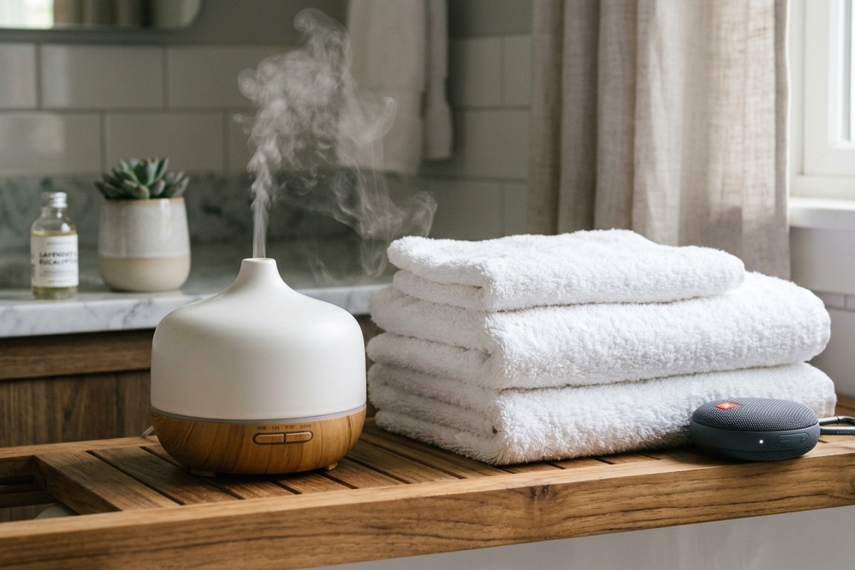 Essential oil diffuser with lavender and eucalyptus, next to soft, stacked towels for a sensory bathroom experience.
